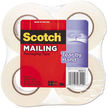 Scotch® Tear-By-Hand Packaging Tapes,  1.88" x 50yds, 1 1/2" Core, Clear, 4/Pack