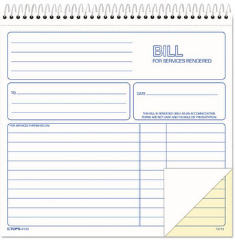 TOPS™ Bill for Services Rendered Book,  8 1/2 x 7-3/4, Two-Part Carbonless, 50 Sets/Book