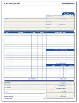 TOPS™ Job Invoice, Snap-Off® Triplicate Form,  8 1/2 x 11 5/8, Three-Part Carbonless, 50 Forms