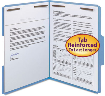 Smead™ WaterShed® CutLess® Reinforced Top Tab Fastener Folders 0.75" Expansion, 2 Fasteners, Letter Size, Blue Exterior, 50/Box