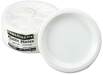 Tablemate® Plastic Dinnerware,  Plates, 10 1/4" dia, White, 125/Pack
