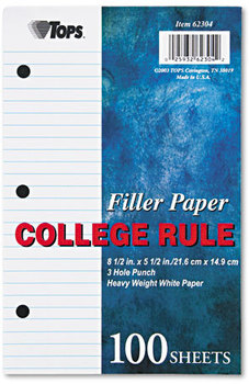 TOPS™ Filler Paper,  3-Hole, 20 lb, 5 1/2 x 8 1/2, College Rule, White, 100 Sheets/Pack