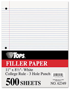 TOPS™ Filler Paper,  3-Hole, 16 lb, 8 1/2 x 11, College Rule, White, 500 Sheets/Pack