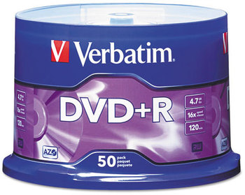 Verbatim® DVD+R Recordable Disc,  4.7GB, 16x, Spindle, Matte Silver, 50/Pack