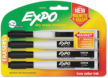 EXPO® Magnetic Dry Erase Marker,  Fine Tip, Black, 4/Pack