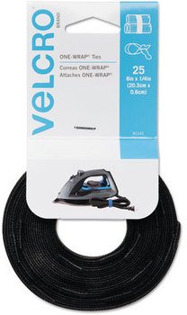Velcro® One-Wrap® Reusable Ties,  1/4 x 8 inches, Black, 25 Ties/Pack