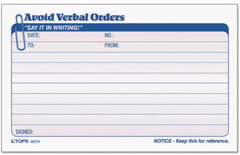 TOPS™ Avoid Verbal Orders Manifold Book,  6 1/4 x 4 1/4, 2-Part Carbonless, 50 Sets/BK
