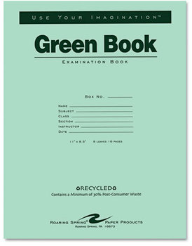 Roaring Spring® Green Books Exam Books,  Stapled, Wide Rule,11 x 8 1/2, 8 Sheets/16 Pages