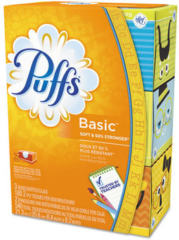 Puffs® Basic™ Facial Tissue,  2-Ply, 8.2 x 8.4, 180/Box, 3 Box/Pack