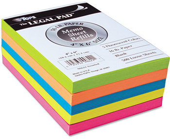 TOPS™ Fluorescent Color Memo Sheets,  20 lb, 4 x 6, Assorted, 500 Sheets/Pack