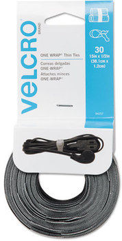 Velcro® One-Wrap® Reusable Ties,  1/2 x 15 inches, Black/Gray, 30 Ties Each