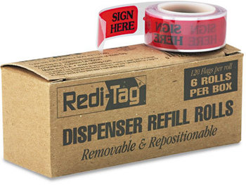 Redi-Tag® Dispenser Arrow Flags,  "Sign Here", Red, 6 Rolls of 120 Flags/Box