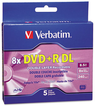 Verbatim® DVD+R Dual Layer Recordable Disc,  8.5GB, 8x, w/Jewel Cases, 5/Pack, Silver
