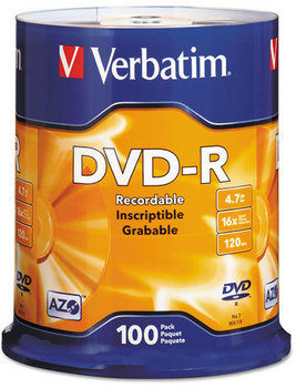 Verbatim® DVD-R Recordable Disc,  4.7GB, 16x, Spindle, Silver, 100/Pack