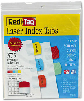 Redi-Tag® Laser and Inkjet Printable Index Tabs,  1 1/8 x 1 1/4, 5 Colors, 375/Pack