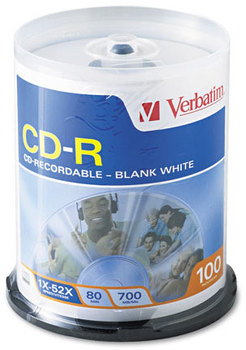 Verbatim® CD-R Recordable Disc,  700MB/80min, 52x, Spindle, White, 100/Pack