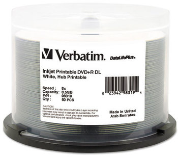 Verbatim® DVD+R Dual Layer Printable Recordable Disc,  8.5GB, 8X, Printable, Spindle, 50/Pk