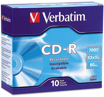 Verbatim® CD-R Recordable Disc,  700MB/80min, 52x, w/Slim Jewel Cases, Silver, 10/Pack