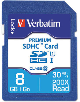 Verbatim® 8GB Premium SDHC Memory Card, UHS-1 V10 U1 Class 10, Up to 70MB/s Read Speed