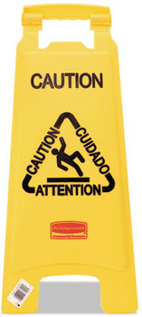 Rubbermaid® Commercial Multilingual "Caution" Floor Sign,  Plastic, 11 x 1 1/2 x 26, Bright Yellow
