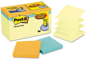 Post-it® Pop-up Notes Original Pop-up Notes Value Pack,  3 x 3, Canary/Cape Town, 100/Pad, 18/Pack