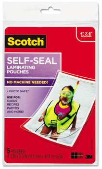 Scotch™ Self-Sealing Laminating Pouches,  9.5 mil, 4 3/8 x 6 3/8, Photo Size, 5/Pack
