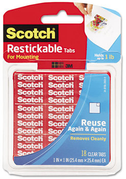 Scotch® Restickable Mounting Tabs,  1" x 1", 18/Pack