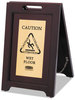 A Picture of product RCP-1867507 Rubbermaid® Commercial Executive 2-Sided Multi-Lingual Wooden Caution Sign,  Brown/Brass, 15 x 23 1/2
