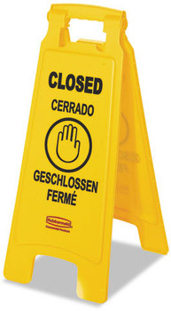 Rubbermaid® Commercial Multilingual "Closed" Folding Floor Sign,  2-Sided, Plastic, 11w x 1.5d x 26h, Yellow