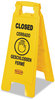 A Picture of product RCP-611278YEL Rubbermaid® Commercial Multilingual "Closed" Folding Floor Sign,  2-Sided, Plastic, 11w x 1.5d x 26h, Yellow