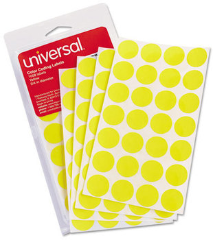 Universal® Self-Adhesive Removable Color-Coding Labels 0.75" dia, Yellow, 28/Sheet, 36 Sheets/Pack