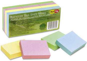 Redi-Tag® 100% Recycled Self-Stick Notes,  1 1/2 x 2, Four Pastel Colors, 12 100-Sheet Pads/Pack