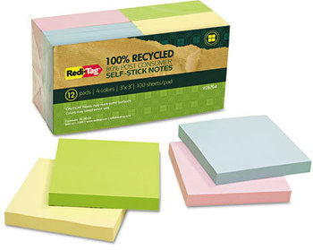 Redi-Tag® 100% Recycled Self-Stick Notes,  3 x 3, Four Colors, 12 100-Sheet Pads/Pack