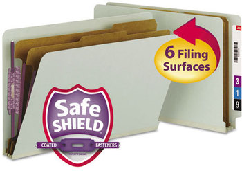 Smead™ End Tab Pressboard Classification Folders With SafeSHIELD® Coated Fasteners Six 2" Expansion, 2 Dividers, Legal Size, Gray-Green, 10/Box