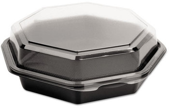 Creative Carryouts® OctaView® Plastic Hinged Lid Cold Food Containers. 28 oz. 7.94 X 7.48 X 3.15 in. Black and Clear. 100 count.