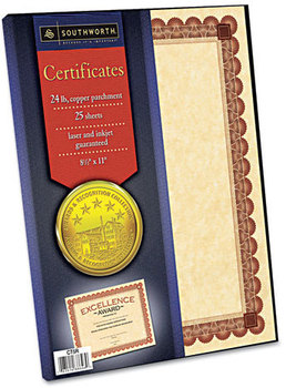 Southworth® Parchment Certificates,  Copper w/Red & Brown Border, 24 lbs, 8-1/2 x 11, 25/Pack