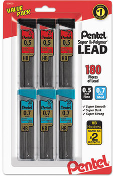 Pentel® Super Hi-Polymer® Lead Refill Value Pack,  0.5mm, 0.7mm, HB, Black, 30/Tube, 6 Tubes/Pack