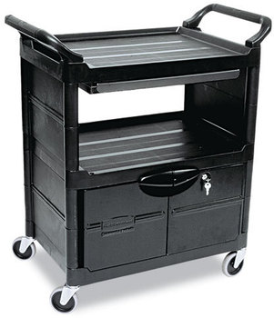 Rubbermaid® Commercial Utility Cart with Locking Doors,  Two-Shelf, 33-5/8w x 18-5/8d x 37-3/4h, Black