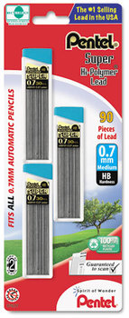 Pentel® Super Hi-Polymer® Lead Refills,  0.7mm, HB, Black, 30/Tube, 3 Tubes/Pack