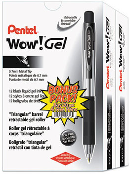 Pentel® WOW!™ Retractable Gel Pen,  .7mm, Translucent Barrel, Black Ink, 24/Pack