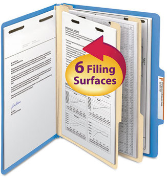Smead™ Colored Top Tab Classification Folders with SafeSHIELD® Coated Fasteners Six 2" Expansion, 2 Dividers, Letter Size, Blue Exterior, 10/Box
