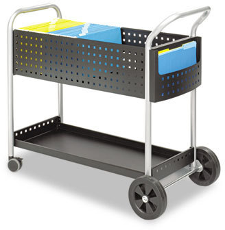 Safco® Scoot™ Mail Cart Dual-Purpose and Filing Metal, 1 Shelf, 2 Bins, 22.5" x 39.5" 40.75", Black/Silver