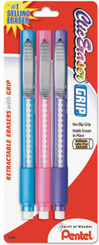 Pentel® Clic Eraser® Grip Eraser,  Assorted, 3/Pack