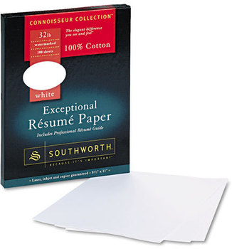 Southworth® 100% Cotton Résumé Paper,  White, 32 lbs., 8-1/2 x 11, Wove, 100/Box