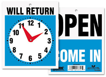 Headline® Sign Double-Sided Open/Will Return Sign with Clock Hands,  Plastic, 7 1/2 x 9