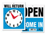 A Picture of product USS-9382 Headline® Sign Double-Sided Open/Will Return Sign with Clock Hands,  Plastic, 7 1/2 x 9