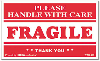 Universal® Printed Message Self-Adhesive Shipping Labels FRAGILE Handle with Care, 3 x 5, Red/Clear, 500/Roll