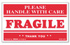 A Picture of product UNV-308383 Universal® Printed Message Self-Adhesive Shipping Labels FRAGILE Handle with Care, 3 x 5, Red/Clear, 500/Roll