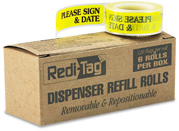Redi-Tag® Dispenser Arrow Flags,  "Please Sign & Date", Yellow, 120/Roll, 6 Rolls