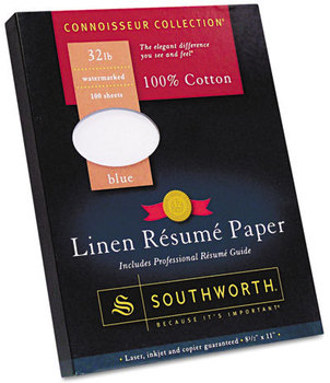 Southworth® 100% Cotton Premium Weight Linen Résumé Paper,  Blue, 32 lbs., 8-1/2 x 11, 100/Box